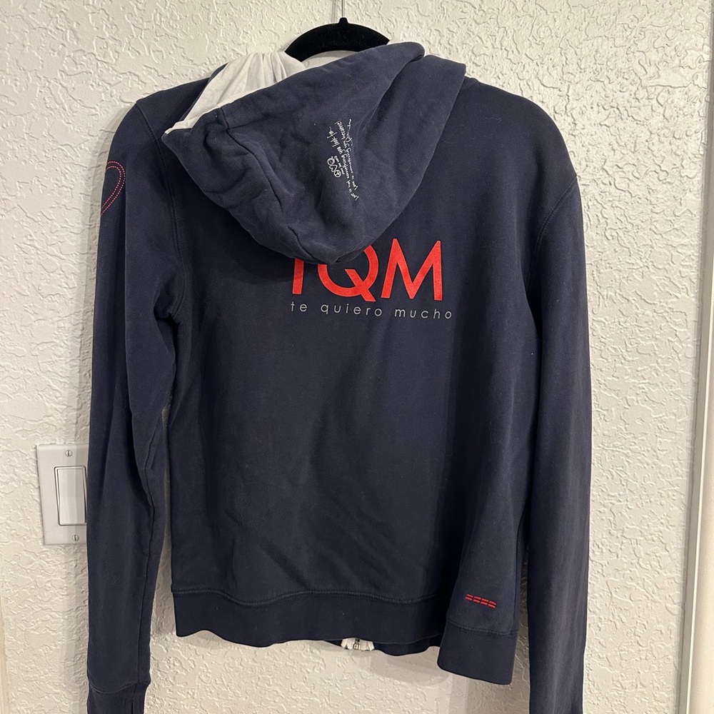 Peace Love World Blue and White Zip-Up Hoodie